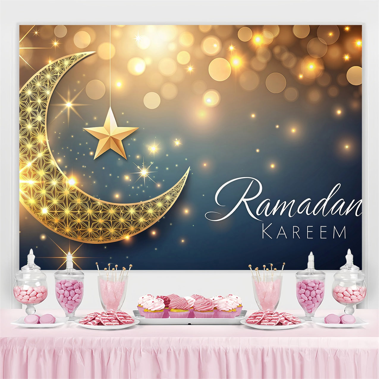 Ramadan Backdrops Golden Crescent Sparkling Stars Backdrop GQ3-29