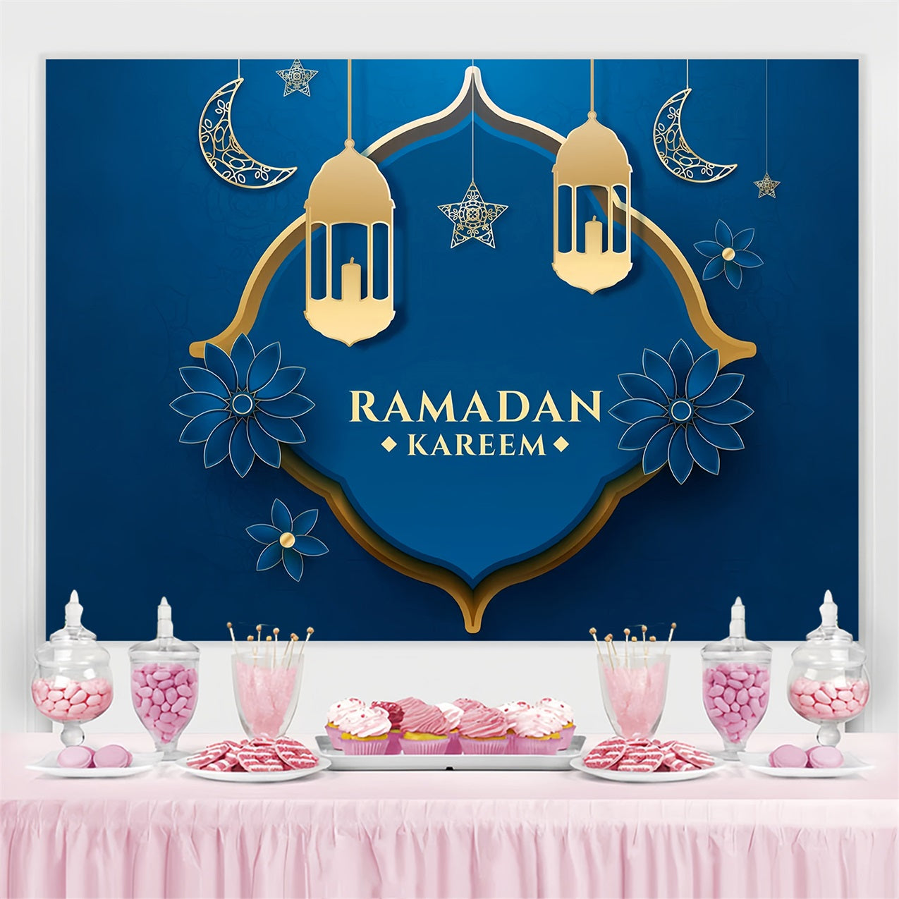 Ramadan Mubarak Backdrop Blue Floral Crescent Backdrop GQ3-31