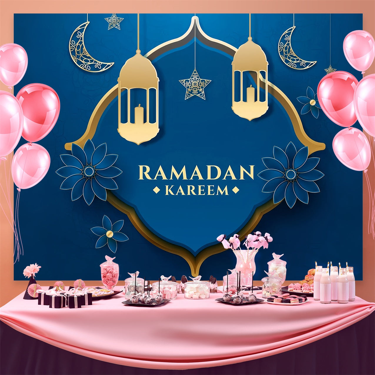 Ramadan Mubarak Backdrop Blue Floral Crescent Backdrop GQ3-31