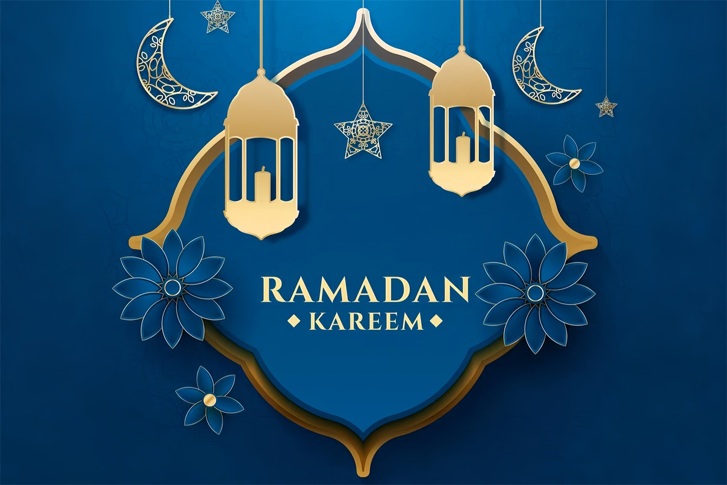 Ramadan Mubarak Backdrop Blue Floral Crescent Backdrop GQ3-31