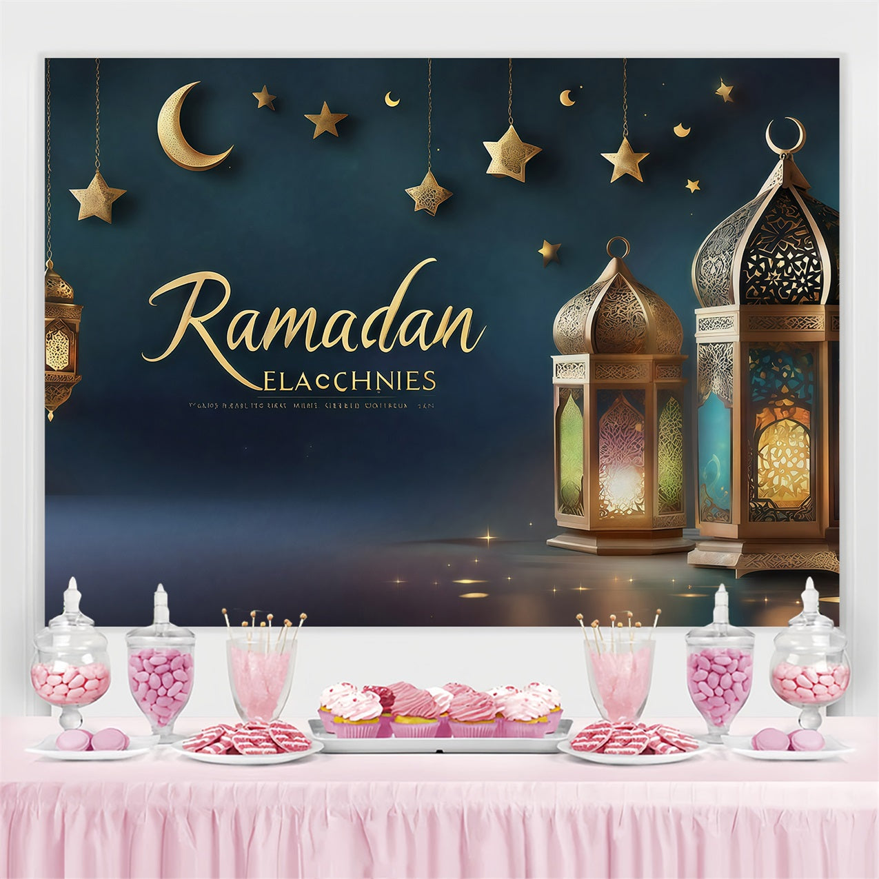 Ramadan Mubarak Backdrop Royal Lanterns Crescent Backdrop GQ3-34