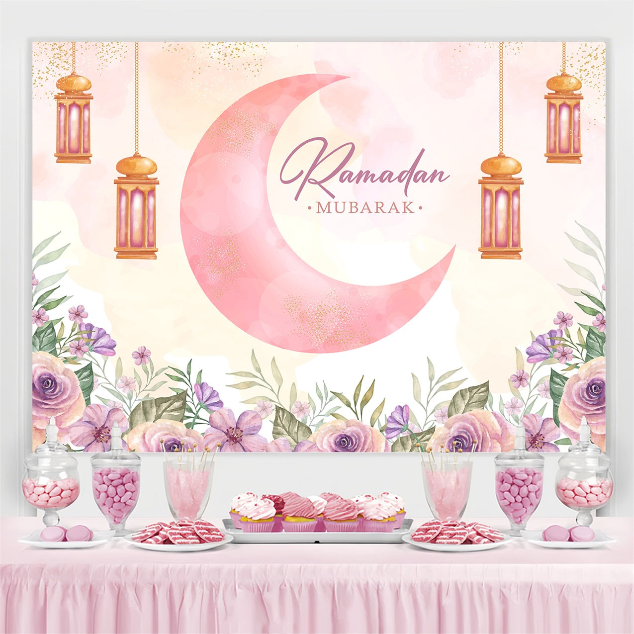 Ramadan Backdrops Watercolor Crescent Moon Lanterns Floral Backdrop GQ3-35