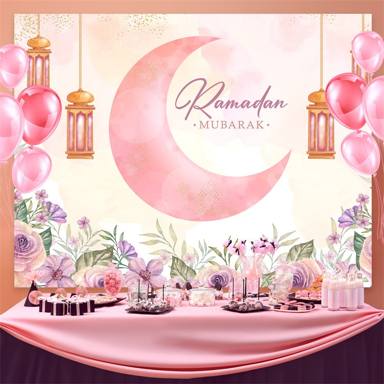 Ramadan Backdrops Watercolor Crescent Moon Lanterns Floral Backdrop GQ3-35