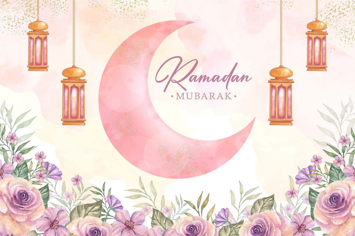 Ramadan Backdrops Watercolor Crescent Moon Lanterns Floral Backdrop GQ3-35