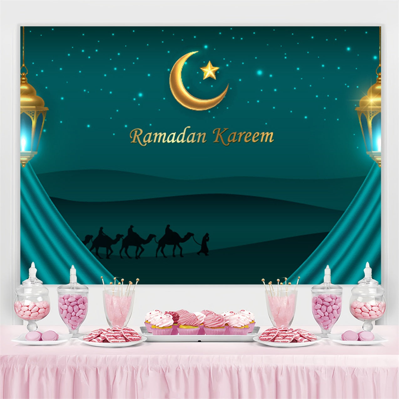 Ramadan Mubarak Backdrop Starry Night Desert Camels Backdrop GQ3-36