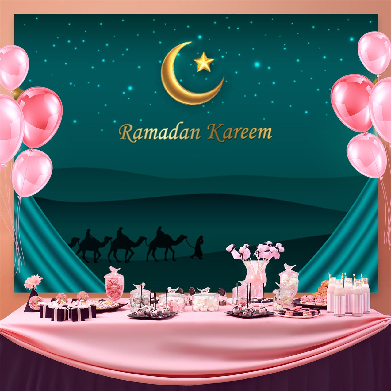 Ramadan Mubarak Backdrop Starry Night Desert Camels Backdrop GQ3-36
