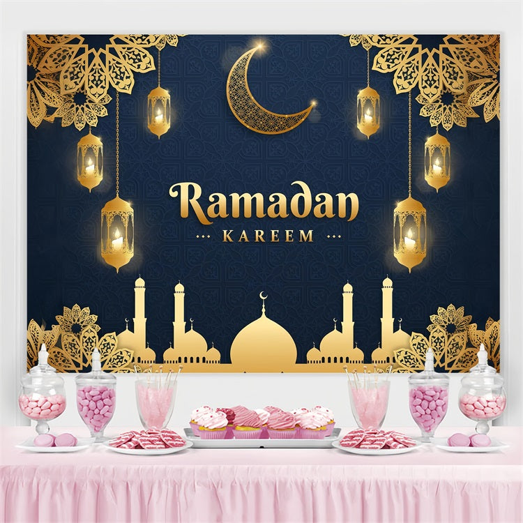 Ramadan Backdrops Golden Lanterns Mosque Silhouette Backdrop GQ3-37