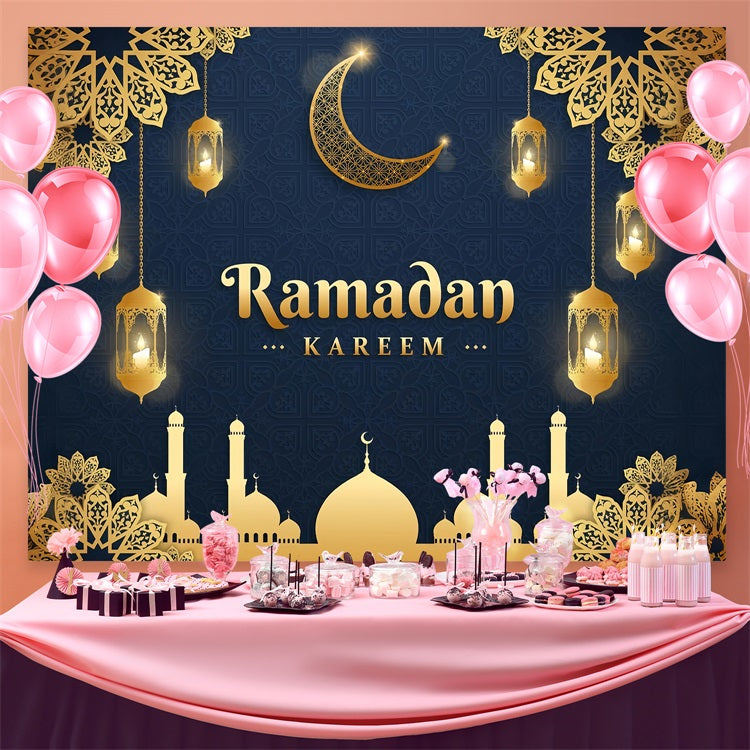 Ramadan Backdrops Golden Lanterns Mosque Silhouette Backdrop GQ3-37