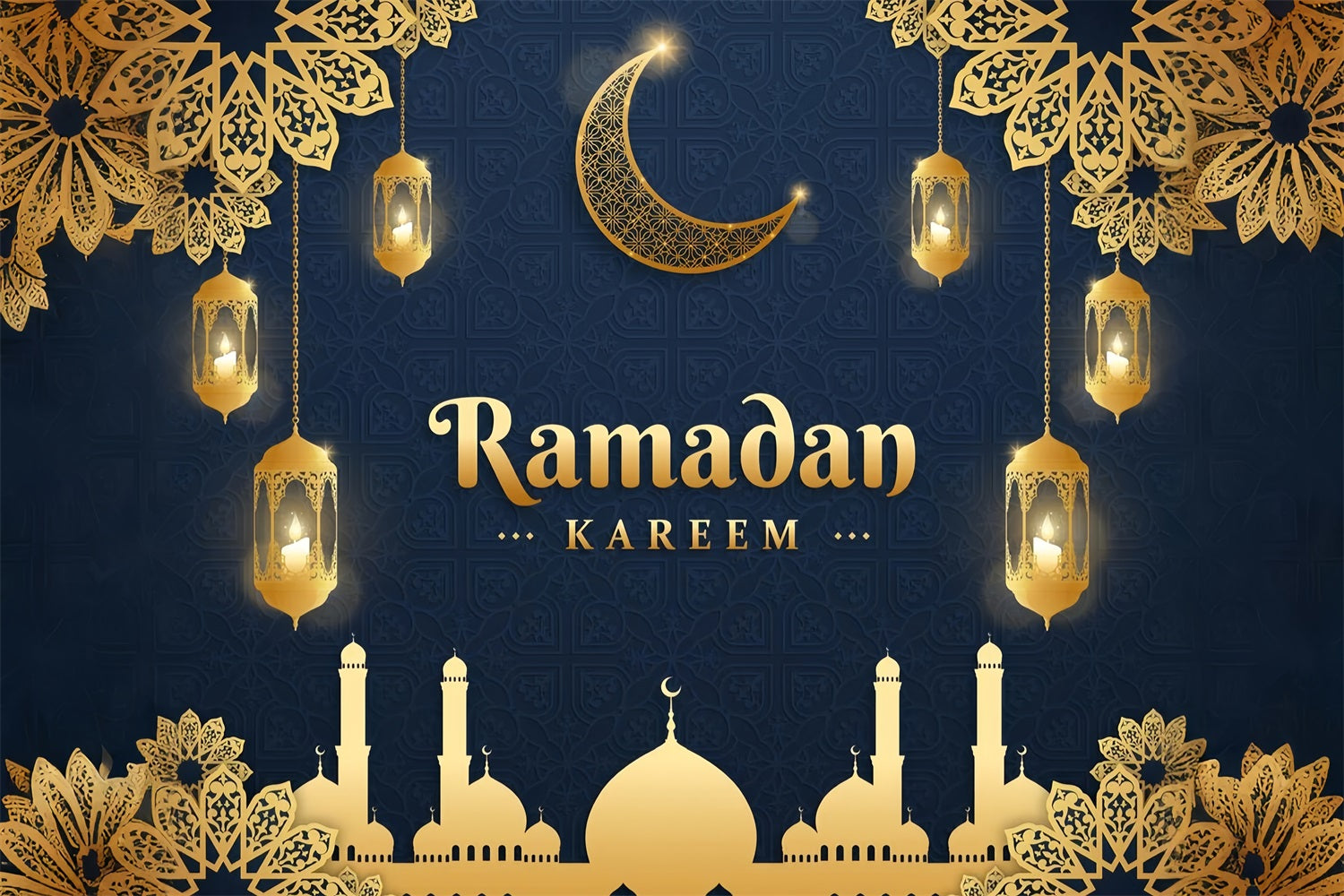 Ramadan Backdrops Golden Lanterns Mosque Silhouette Backdrop GQ3-37