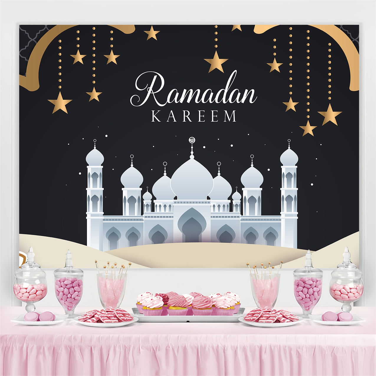 Ramadan Mubarak Backdrop White Mosque Night Backdrop GQ3-40