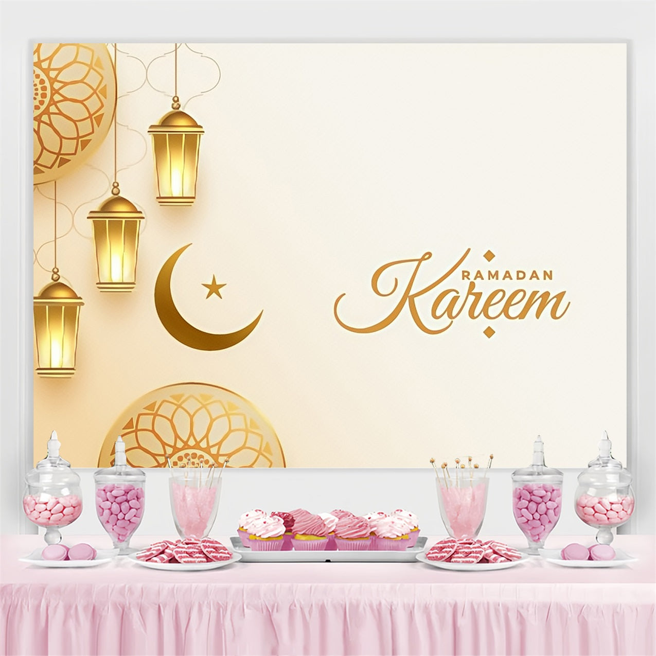 Ramadan Backdrops Golden Crescent Lantern Kareem Backdrop GQ3-41