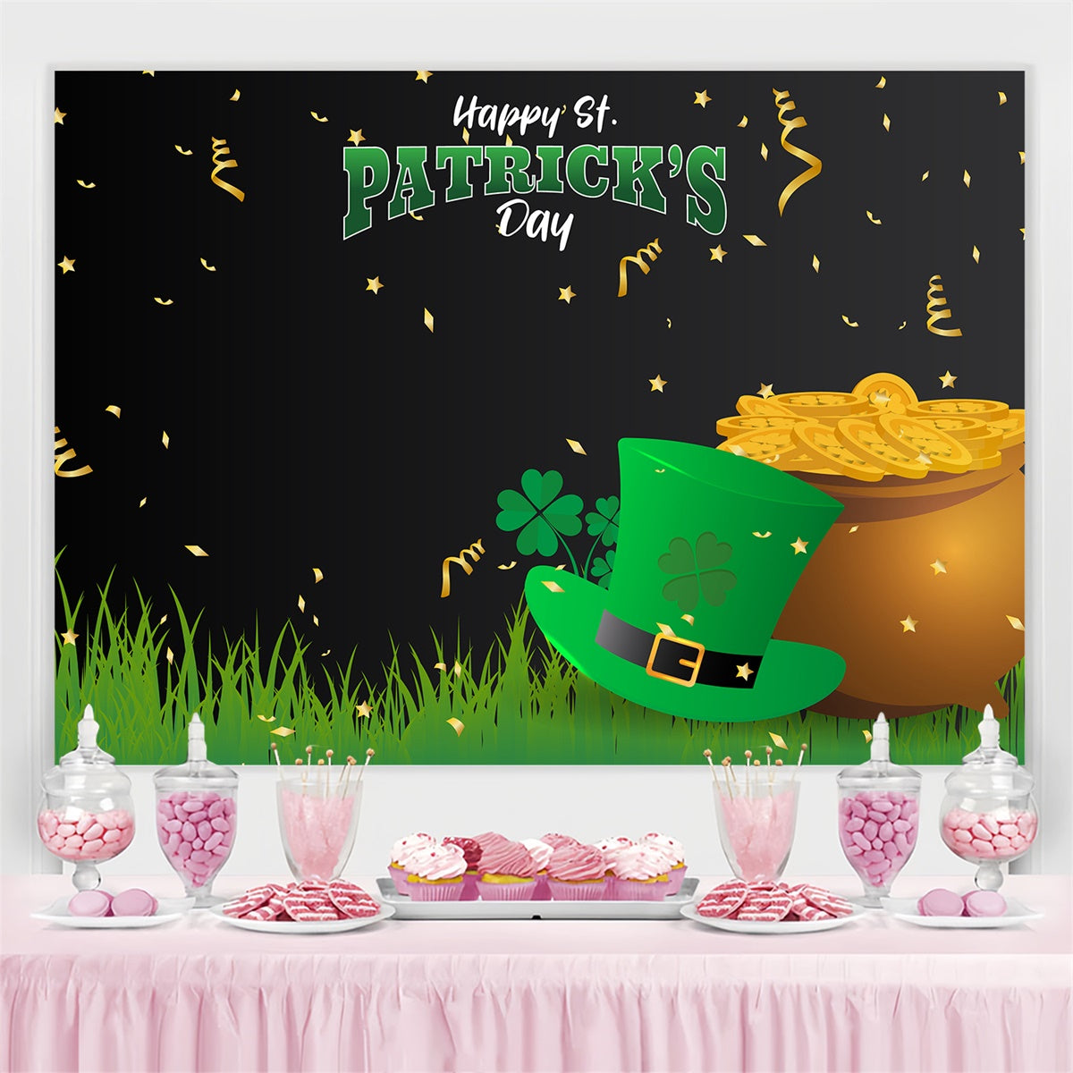 St Patricks Day Photo Backdrop Gold Pot Shamrock Party Backdrop GQ3-43
