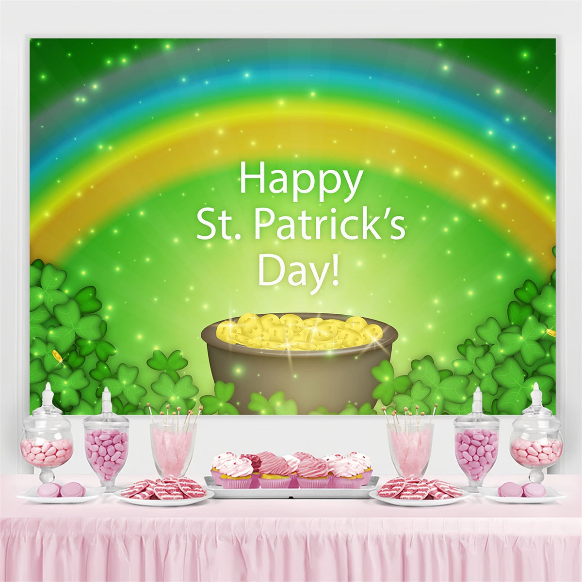 St Patricks Day Backdrop Golden Pot Rainbow Shamrock Backdrop GQ3-44