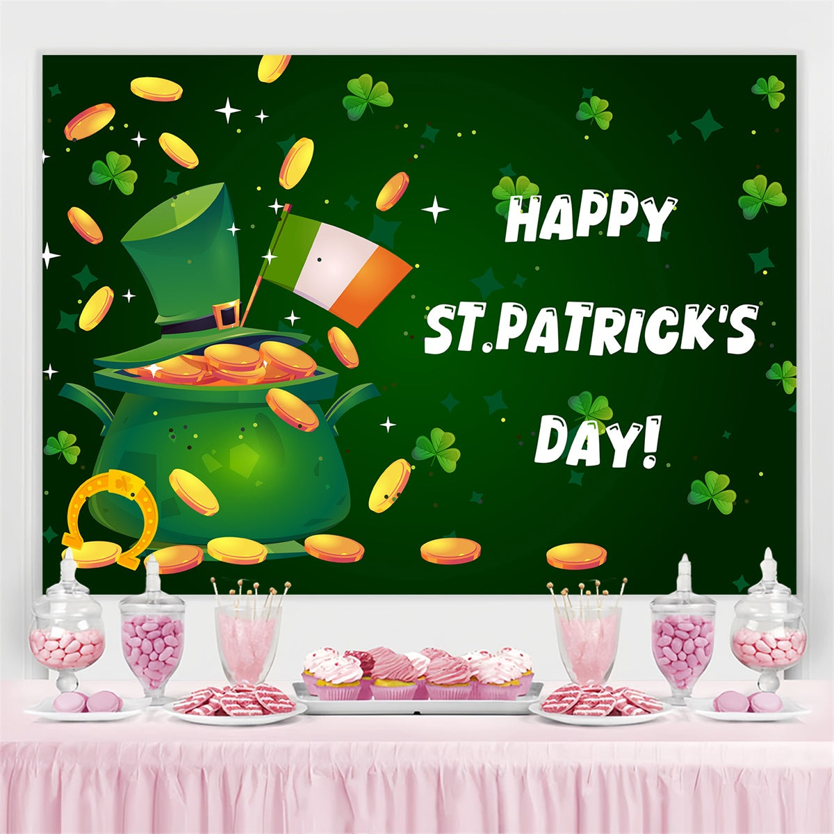 St Patricks Day Backdrop Lucky Green Hat Coins Sparkle Backdrop GQ3-49