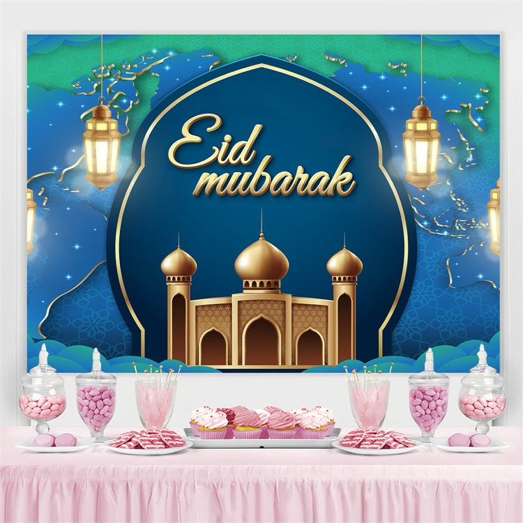 Eid Mubarak Backdrop Golden Lanterns Blue Arch Backdrop GQ3-96