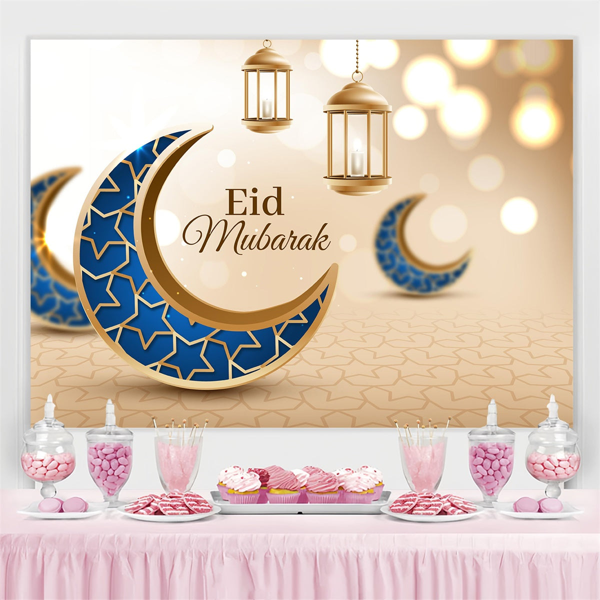 Eid Mubarak Backdrop Arabian Style Blue Gold Crescent Backdrop GQ3-98