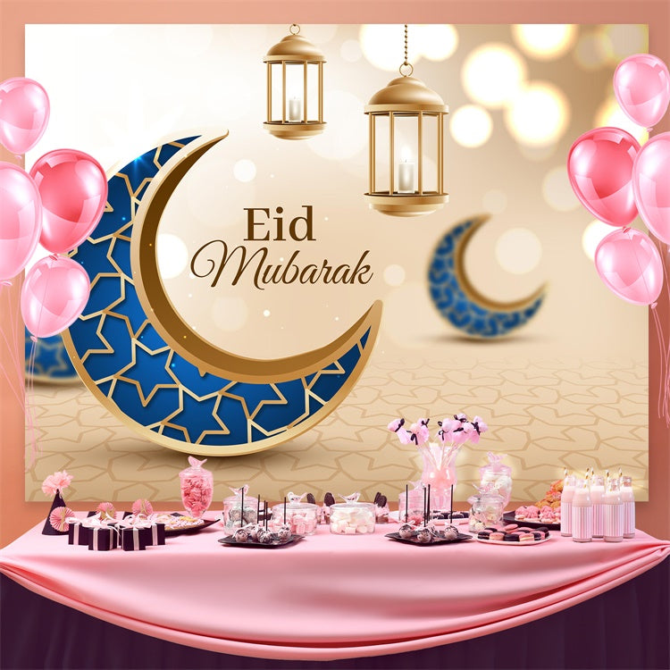 Eid Mubarak Backdrop Arabian Style Blue Gold Crescent Backdrop GQ3-98