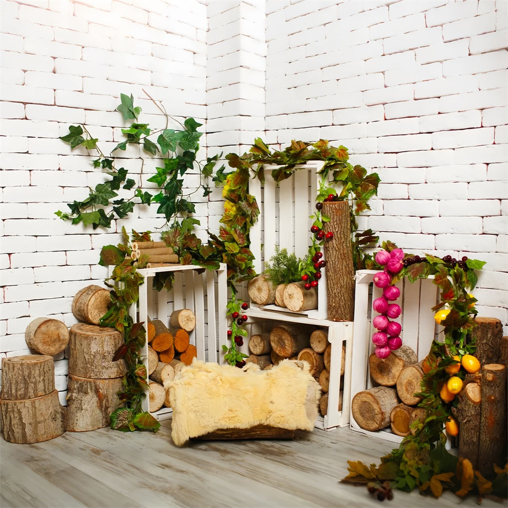 Wood Floor Backdrop White Brick Wall Woodland Backdrop GQ4-109