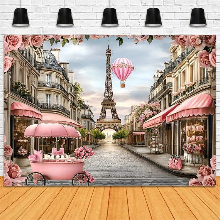 Paris Theme Backdrop Pink Floral Balloon Romance Backdrop GQ4-165
