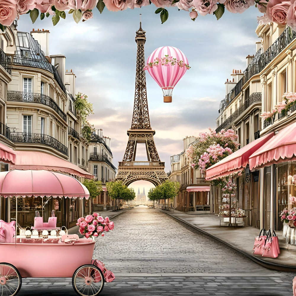 Paris Theme Backdrop Pink Floral Balloon Romance Backdrop GQ4-165