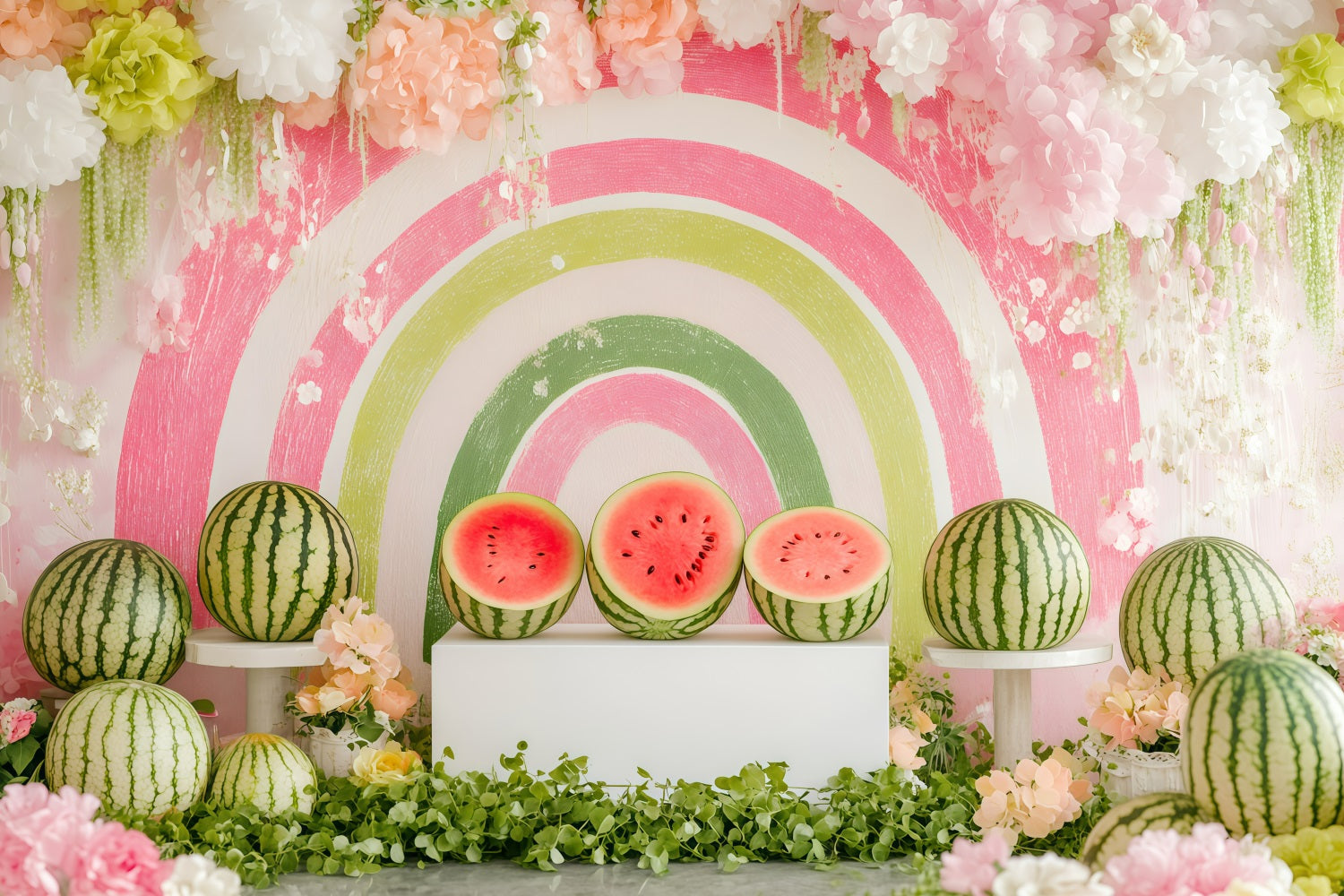Watermelon Photo Backdrop Summer Rainbow Floral Backdrop GQ4-260