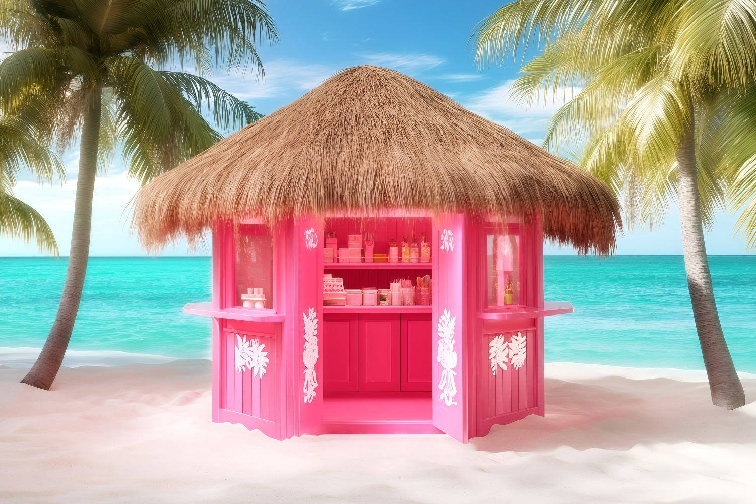 Summer Photo Backdrop Pink Beach Hut Backdrop GQ4-263