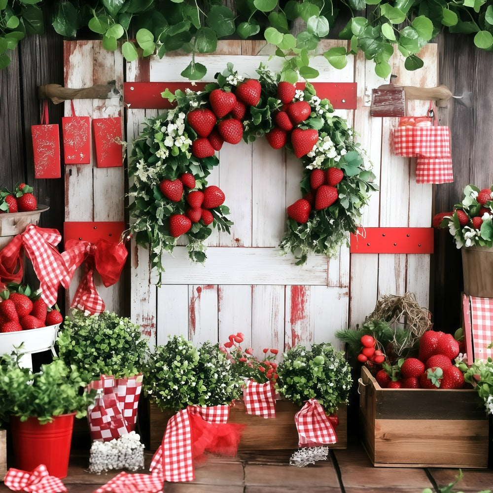 Summer Photo Backdrop Wooden Wall Strawberry Harvest Backdrop GQ4-269