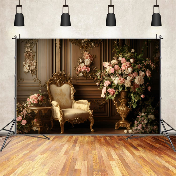 Antique Photo Backdrop Golden Chair Floral Wall Vintage Backdrop GQ4-332
