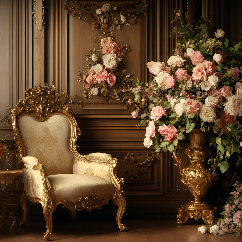 Antique Photo Backdrop Golden Chair Floral Wall Vintage Backdrop GQ4-332