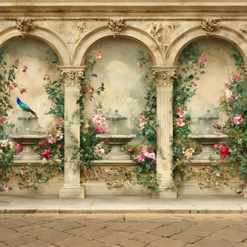 Retro Photo Backdrops Floral Fountain Archway Vintage Backdrops GQ4-336