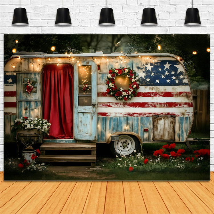 Independence Day Backdrop Wreath Camper Lights Backdrop GQ5-1