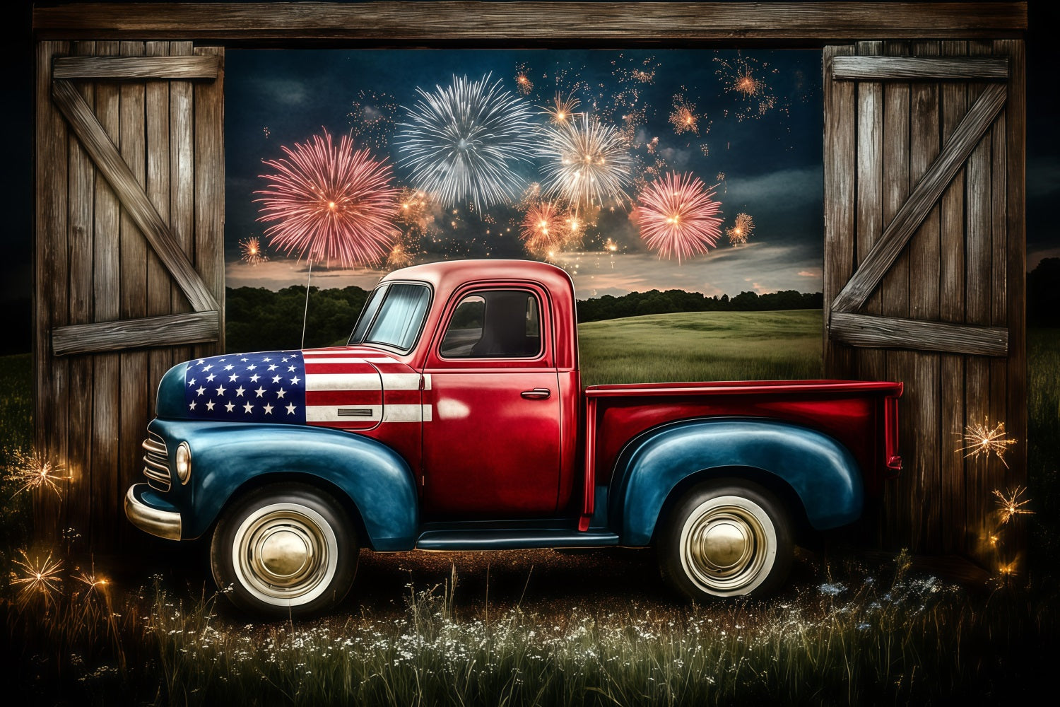 4th of July Fireworks Photo Backdrop Truck Sky Backdrop GQ5-47