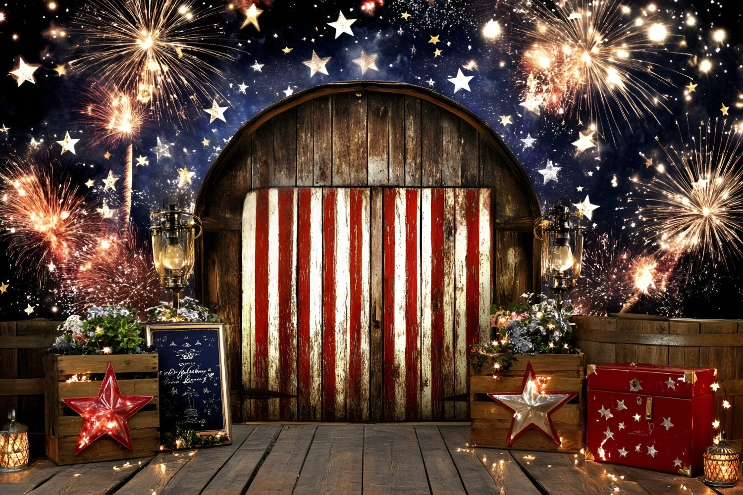 Independence Day Backdrop Barn Door Fireworks Night Backdrop GQ5-50