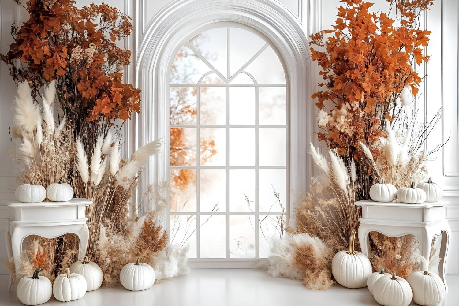 Autumn Backdrop Elegant White Pumpkin Window Backdrop GQ5-85