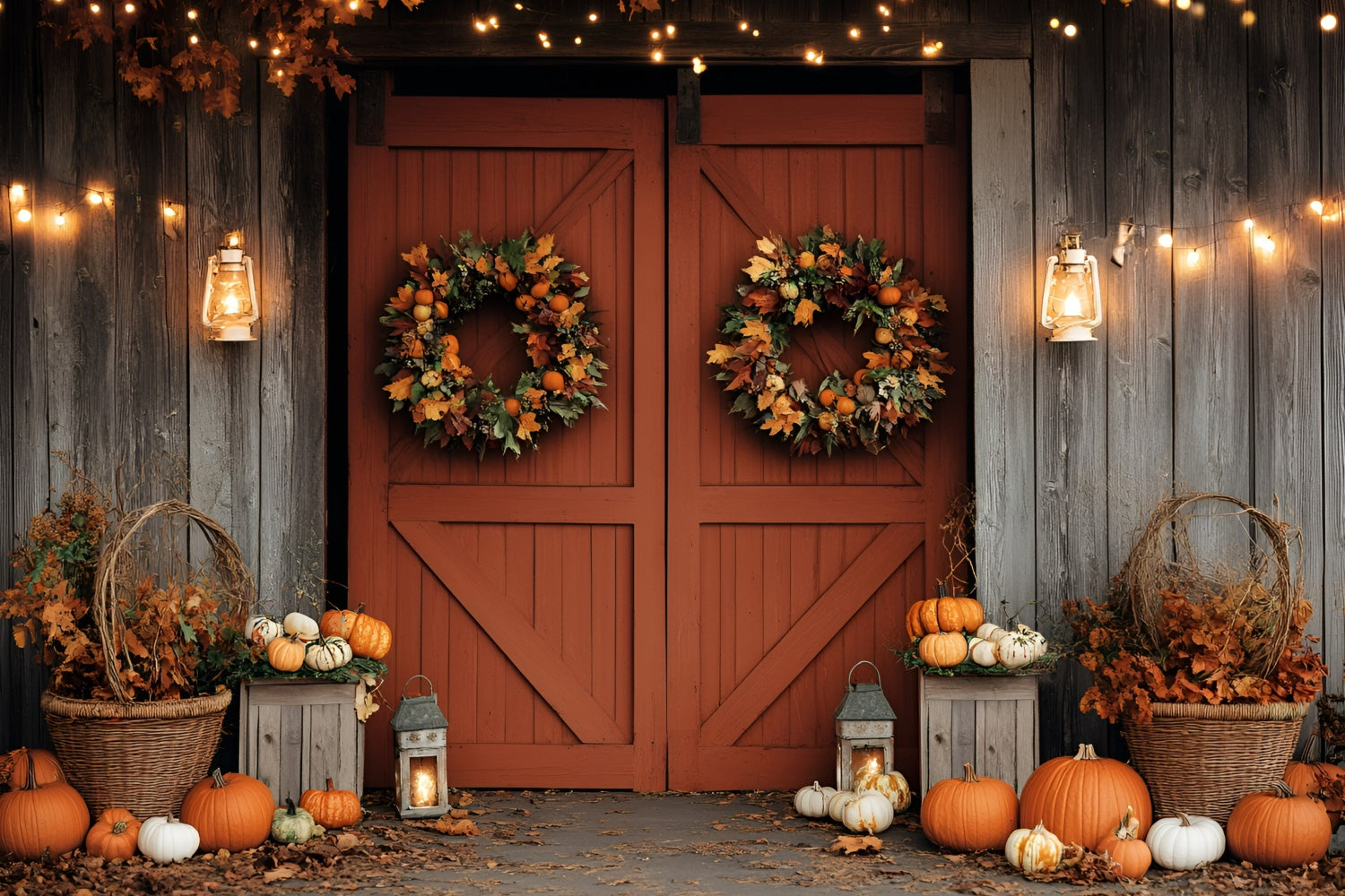 Fall Photoshoot Backdrop Barn Door Wreath Pumpkin Backdrop GQ5-94