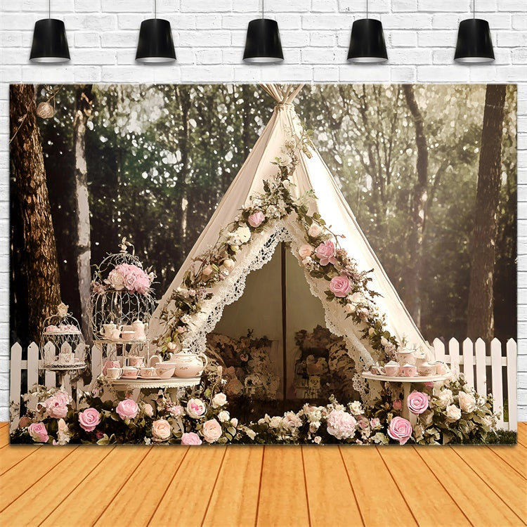 Boho Photography Backdrop Pink Rose Lace Tent Backdrop GQ57-234