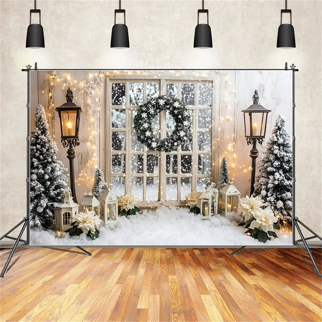 Holiday Backdrops Snowy Window Wreath Lighted White Christmas Backdrop GQ58-3