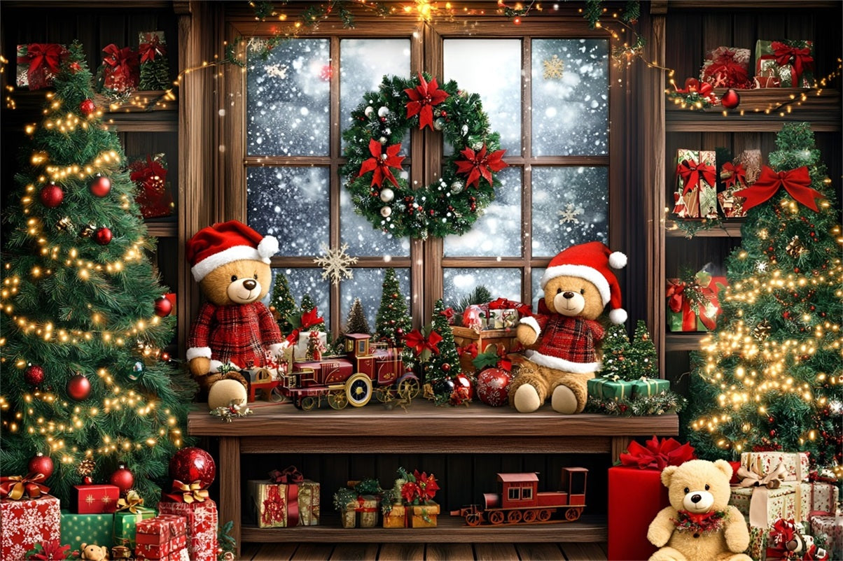 Holiday Photo Backdrop Teddy Train Gift Window  Christmas Photography Backdrops GQ58-40