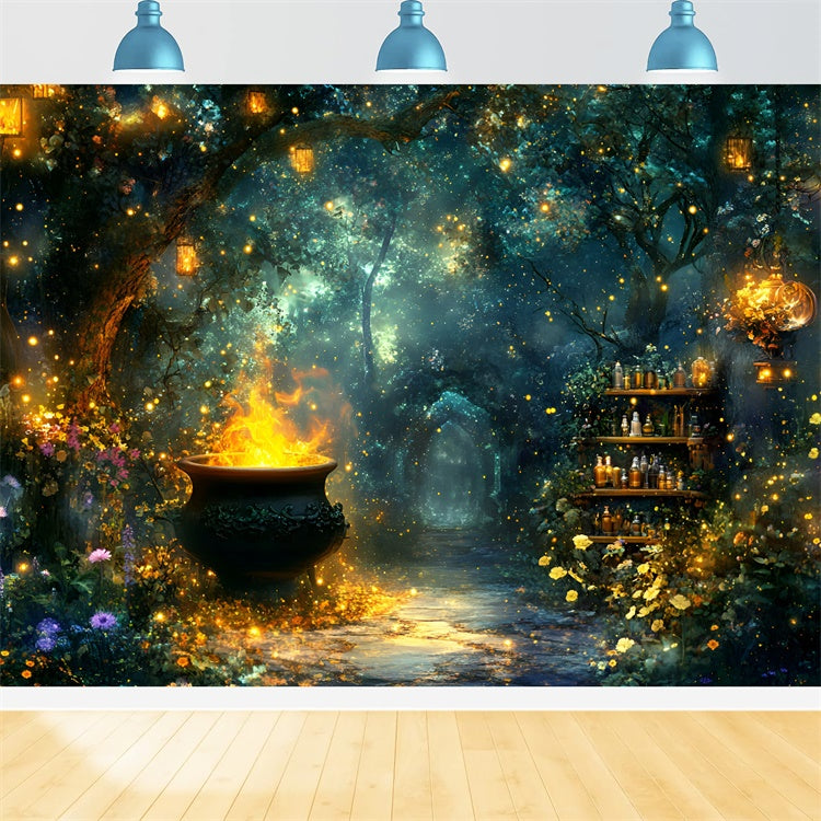 Forest Backdrops Glowing Cauldron Mystical Halloween Backdrops GQ6-192