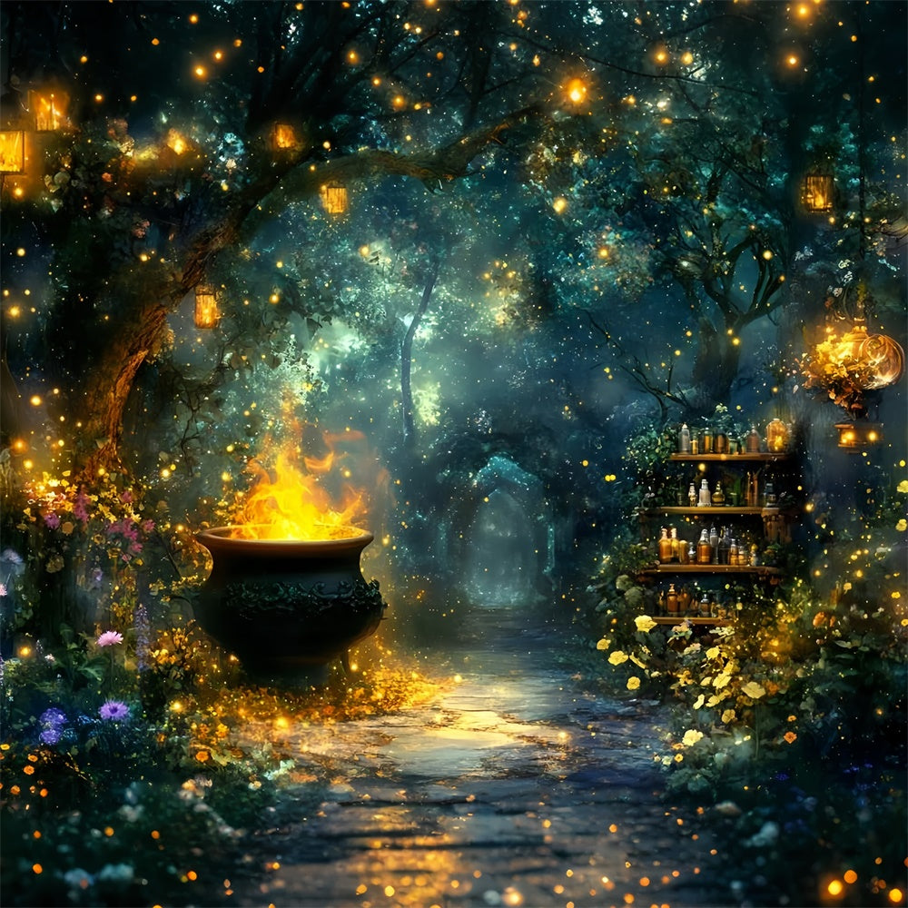 Forest Backdrops Glowing Cauldron Mystical Halloween Backdrops GQ6-192