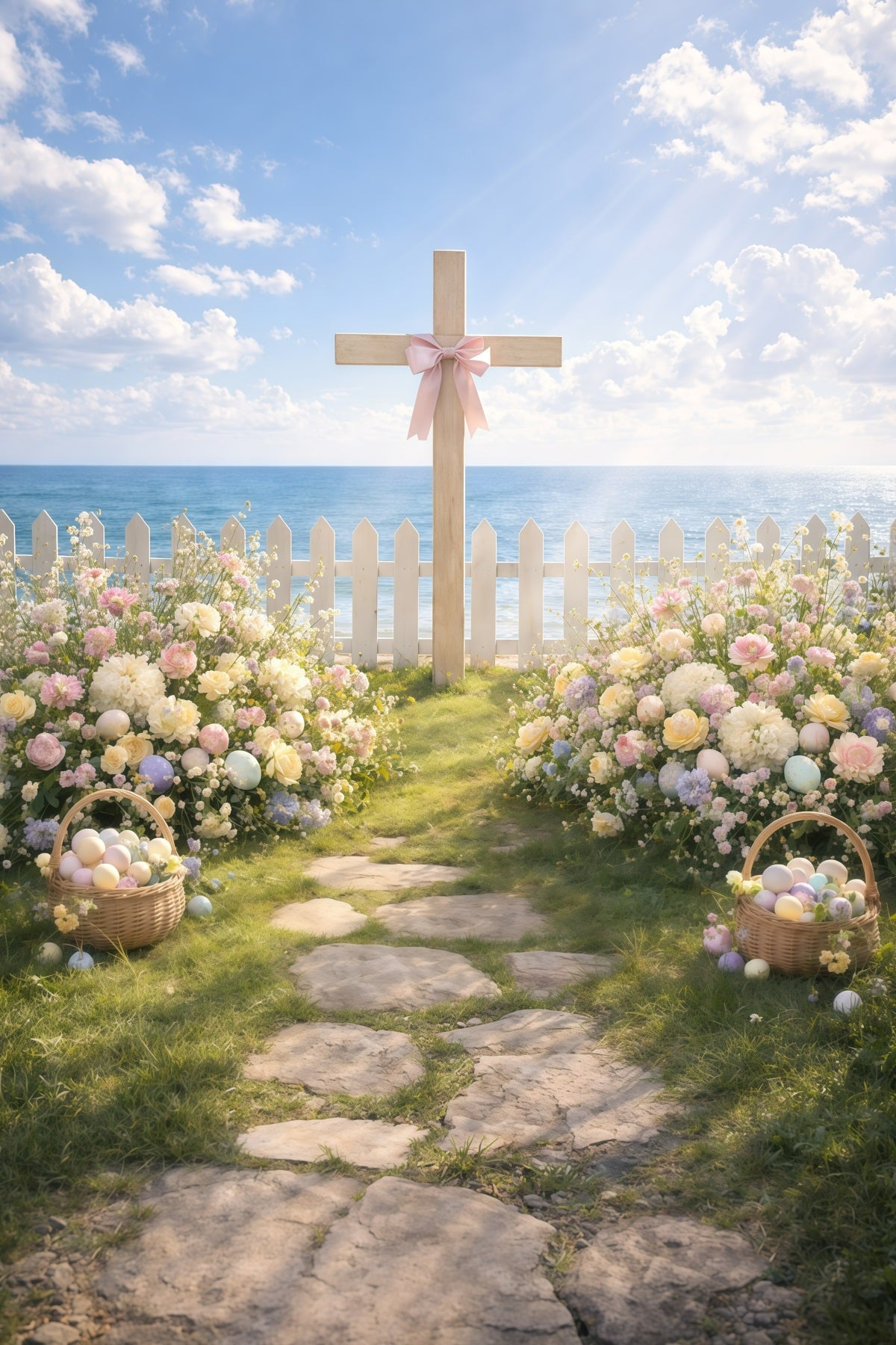 Easter Religious Backdrops Seaside Cross Garden Path Backdrop For Easter Pictures GQ61-11