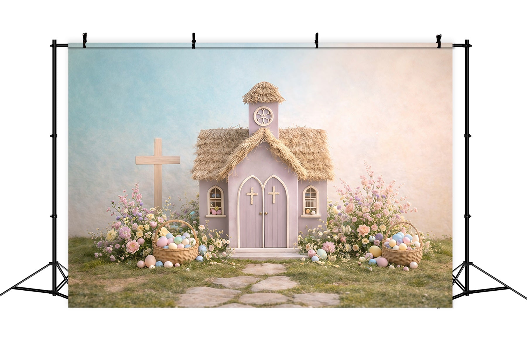 Church Photo Backdrop Easter Pastel Church Garden Cottage Photography Easter Backdrop GQ61-12