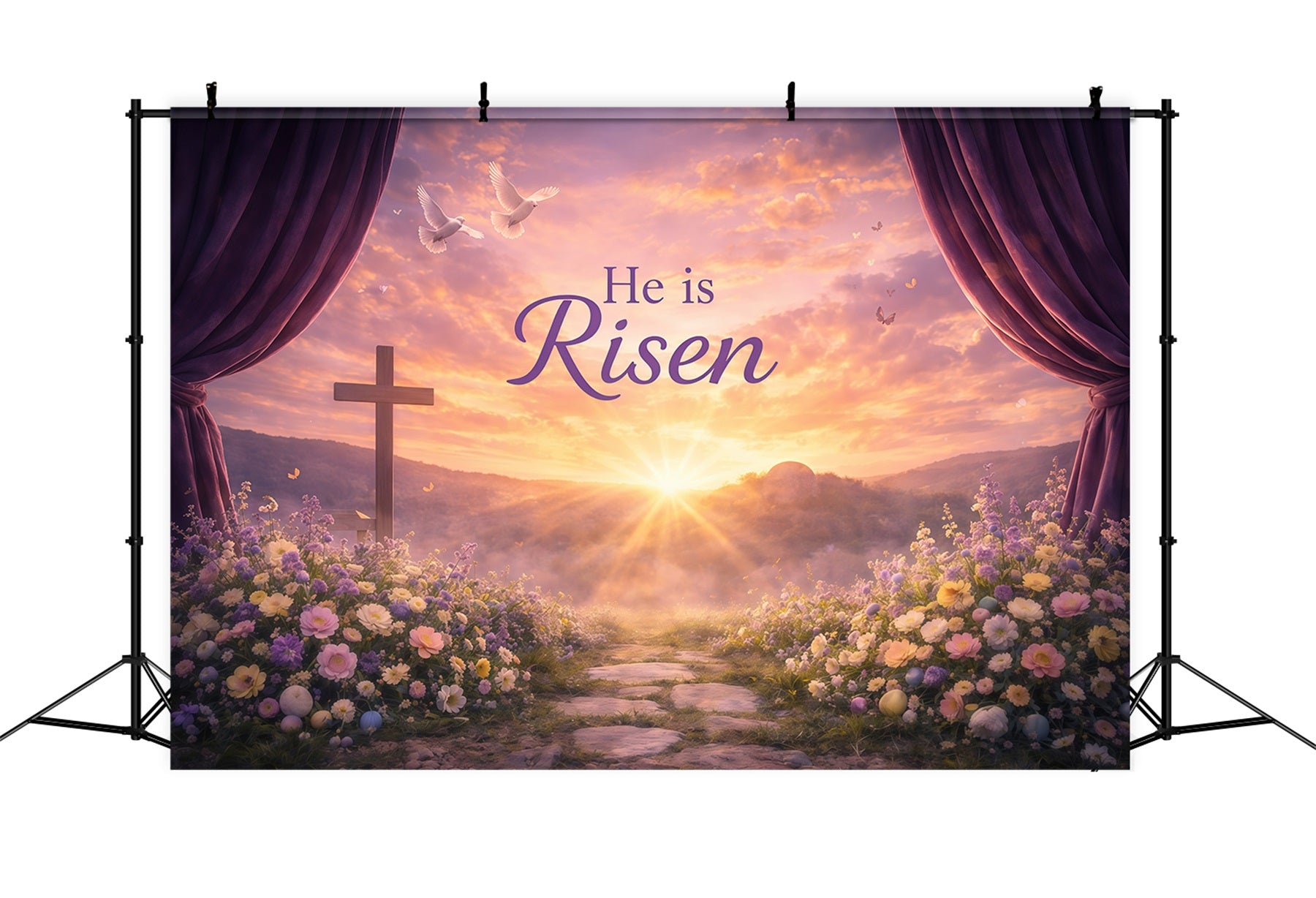 He Is Risen Backdrop Sunrise Valley Songbirds Flower Easter Backdrops For Photos GQ61-13
