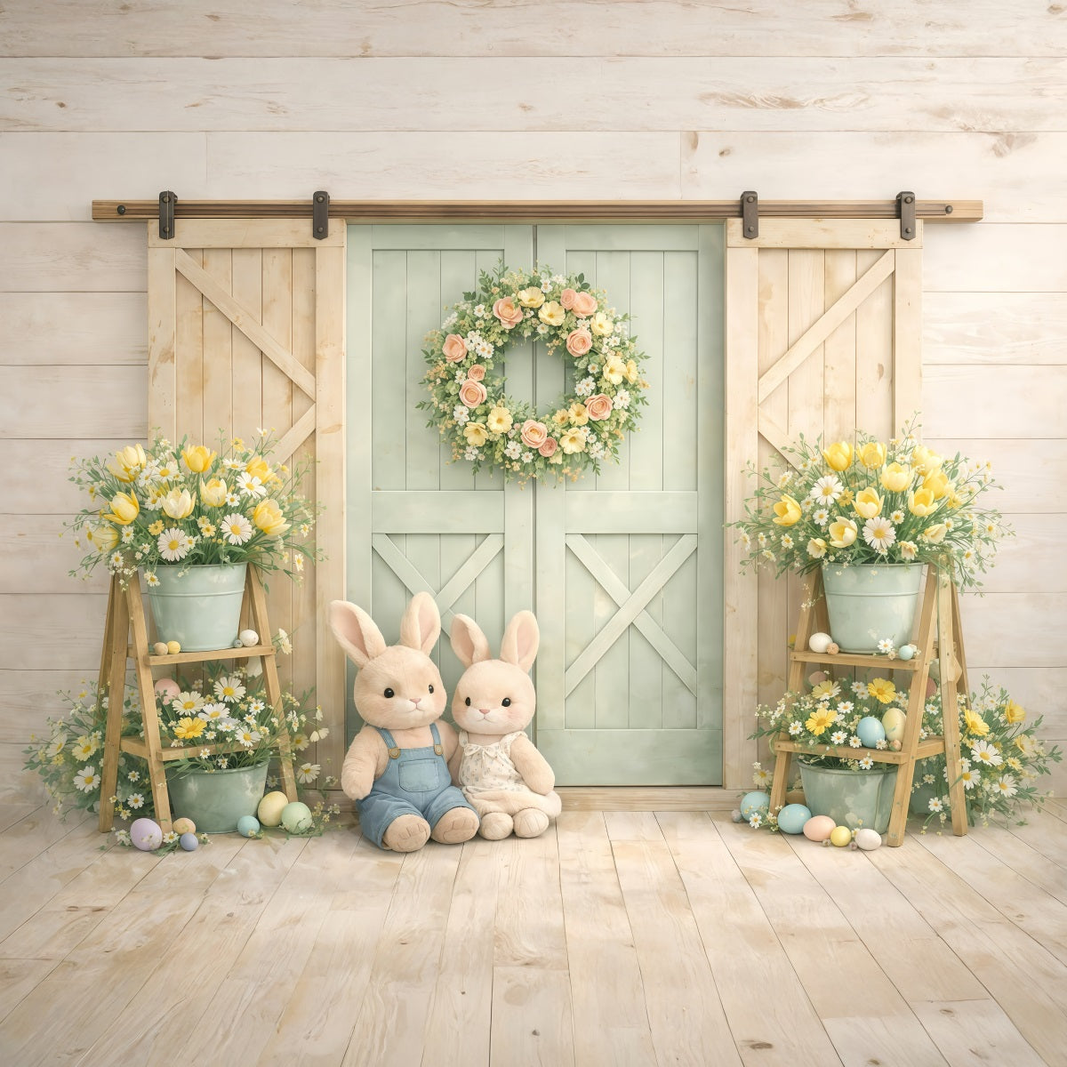 Peter Rabbit Photo Backdrop Pastel Bunny Barn Doors Easter Picture Backdrop Ideas GQ61-16