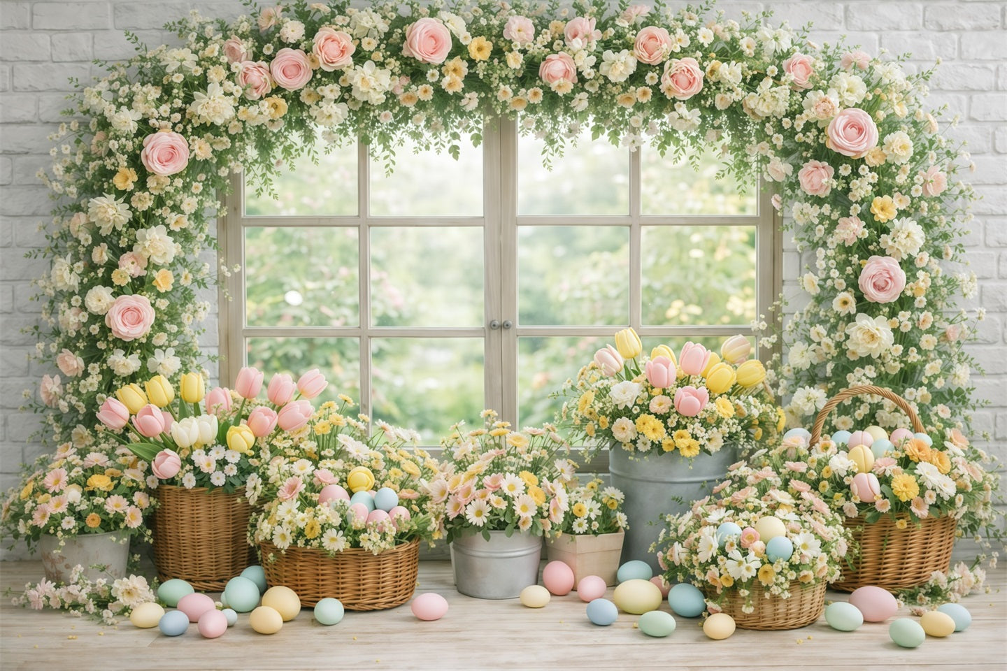 Easter Flower Backdrop Garden Window Floral Eggs Easter Backdrops Photography GQ61-19