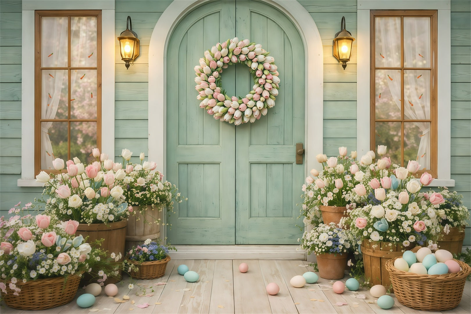 Tulip Backdrop Spring Flower Wreath Doorway Easter Photography Backdrops For Sale GQ61-21