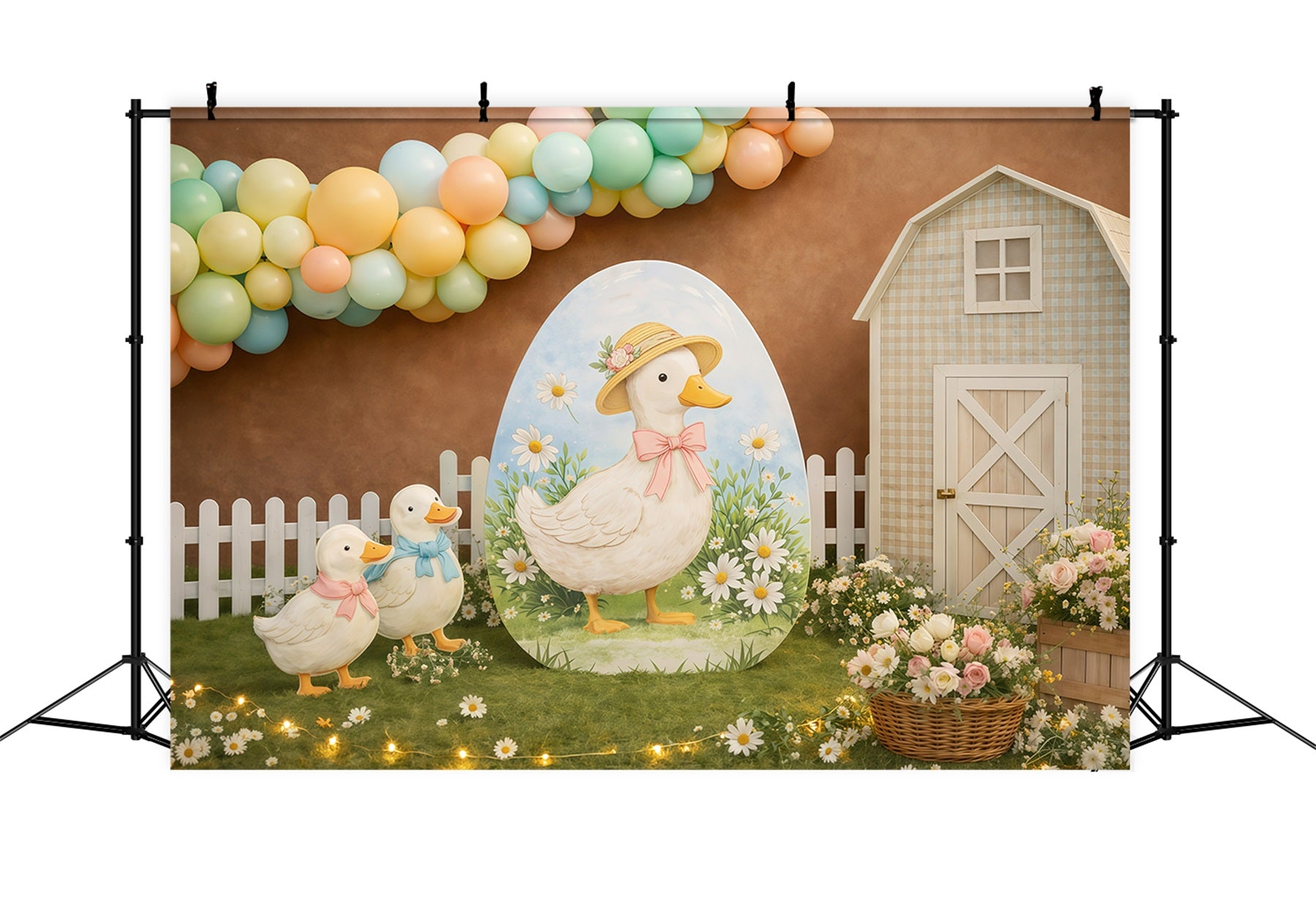 Easter Backdrop With Balloons Cute Duck Farm Daisies Backdrop For Easter GQ61-22