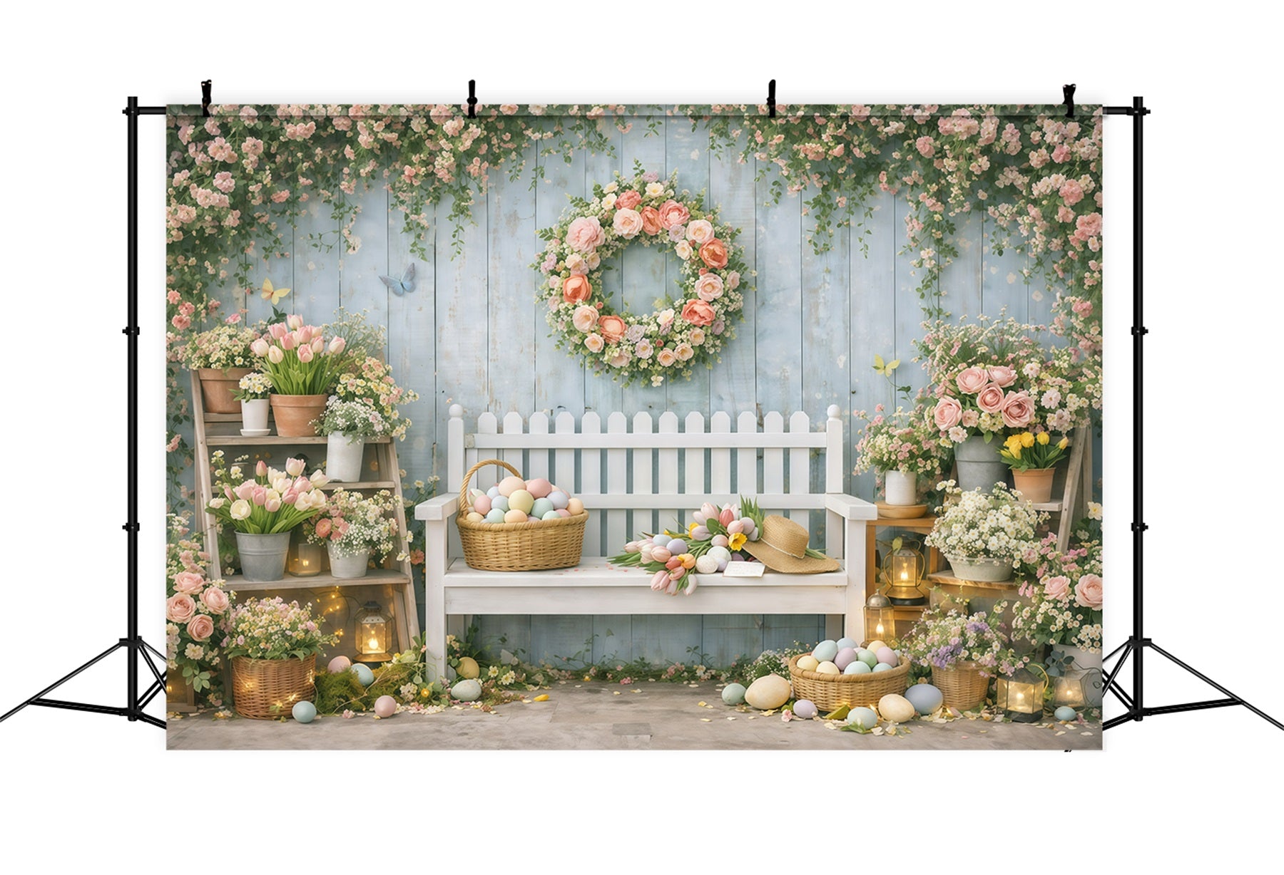 Easter Backdrop With Bench Spring Flower Market Garden Easter Backdrop For Photos GQ61-33