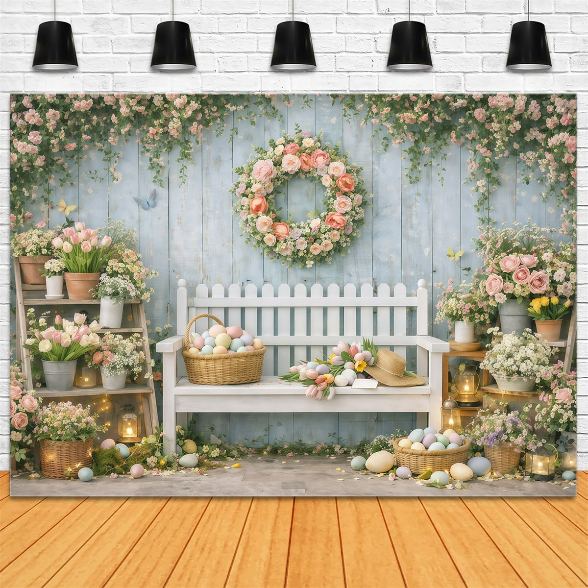Easter Backdrop With Bench Spring Flower Market Garden Easter Backdrop For Photos GQ61-33