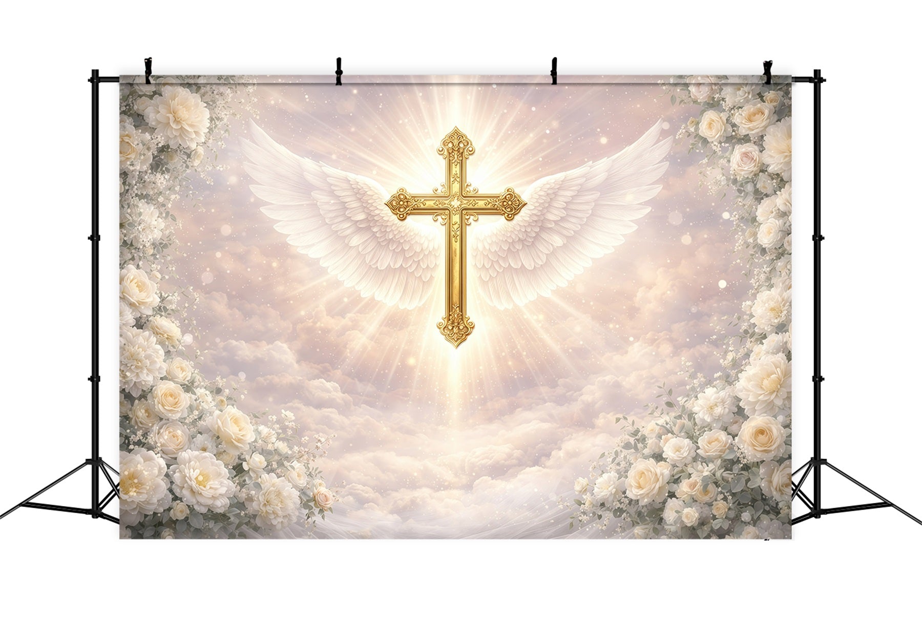 Easter Religious Backdrops Angelic Winged Golden Cross Easter Photoshoot Backdrop GQ61-36